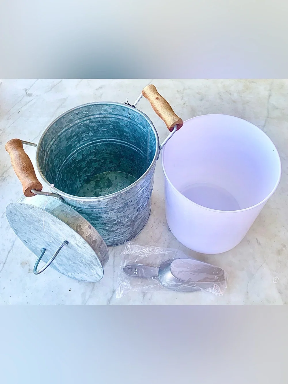 LL MULINO NEW YORK Galvanized Metal ICE BUCKET LID Wooden Handles Scoop NEW 4PC